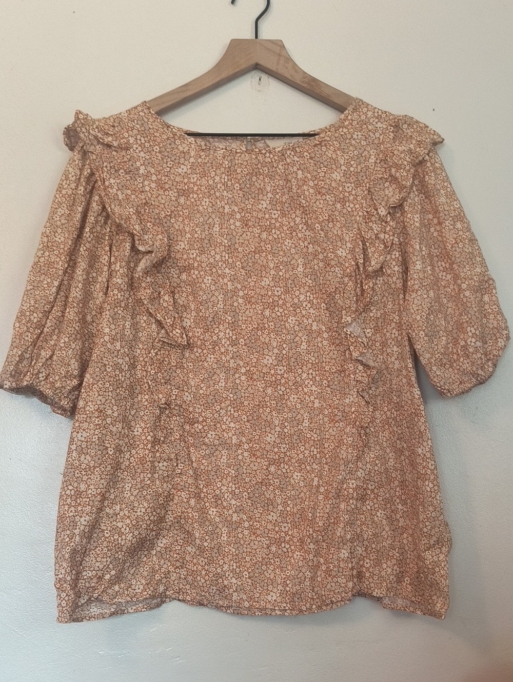 Universal Thread Floral Ruffle Puff Sleeve Blouse - Cream Rust Sz Large Women